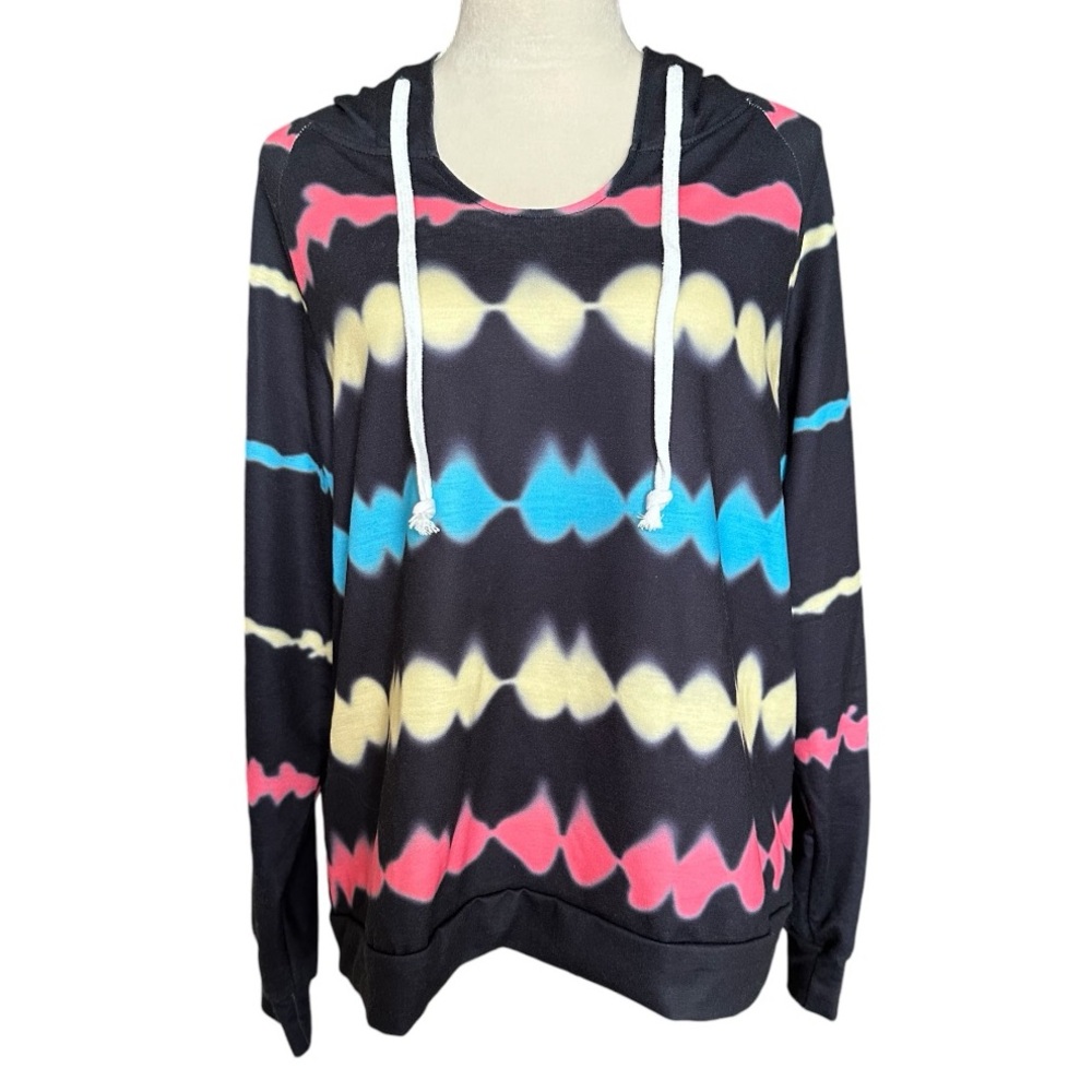 Junior’s Tie Dyed Hoodie Black Coral Yellow Blue, EUC, M